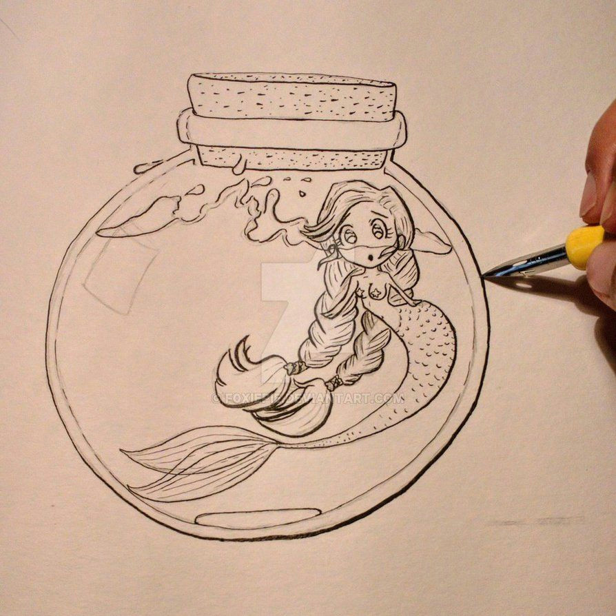 mermaid in the bottle outlined sketch with ink