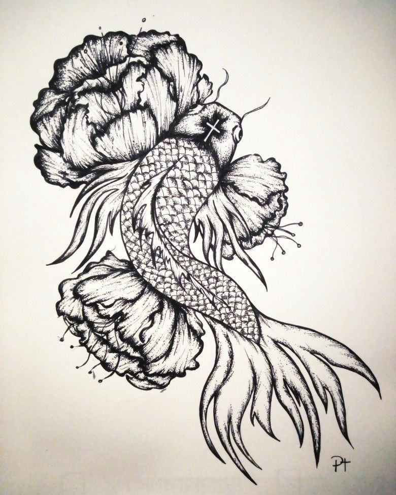 dark carp flowers black ink dotwork tattoo idea carp my drawings