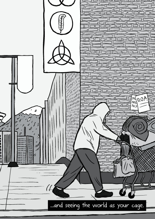 cartoon homeless man pushing shopping cart black and white drawing and seeing