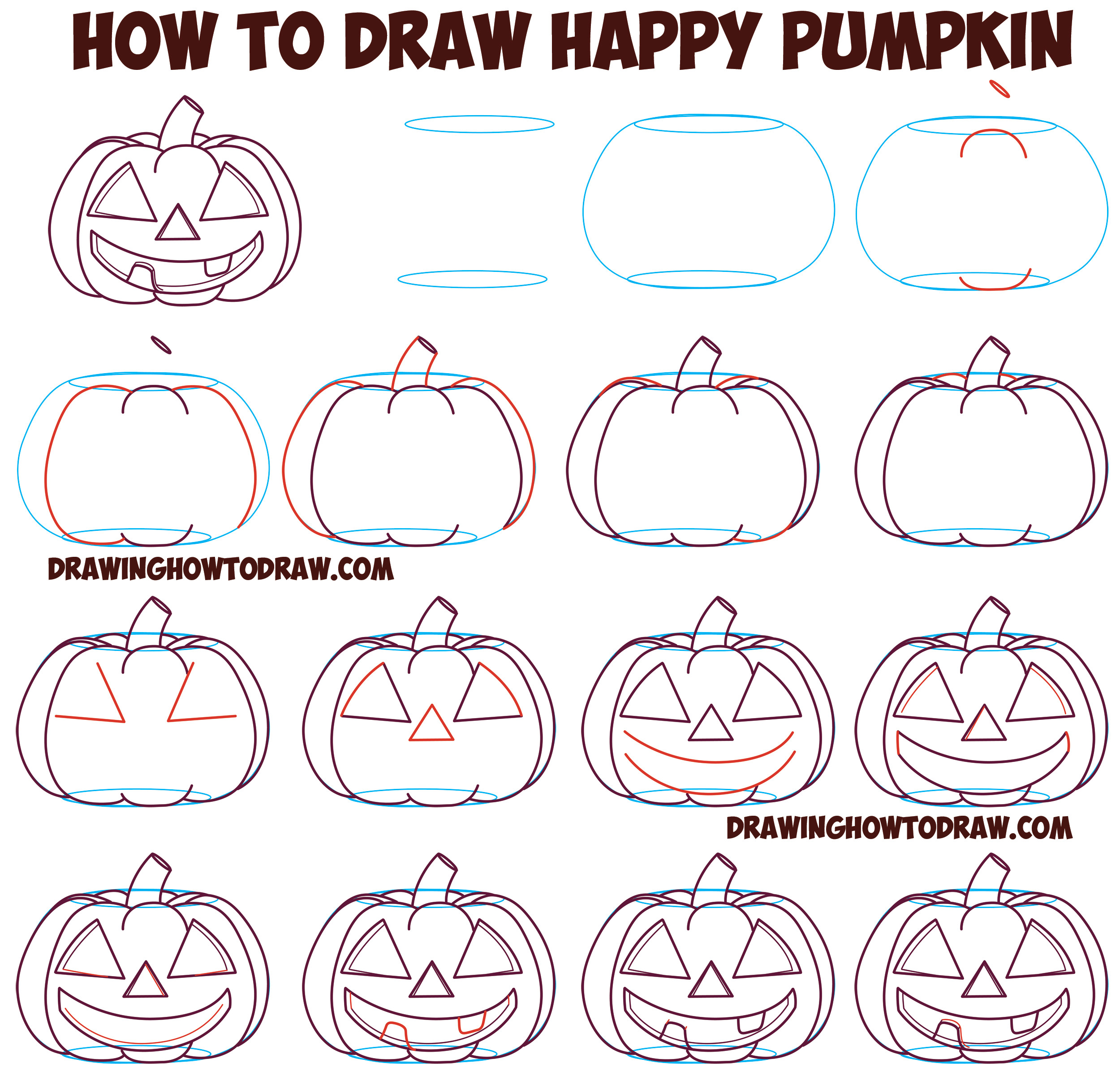 how to draw cartoon pumpkin jack o lantern happy smiling with teeth
