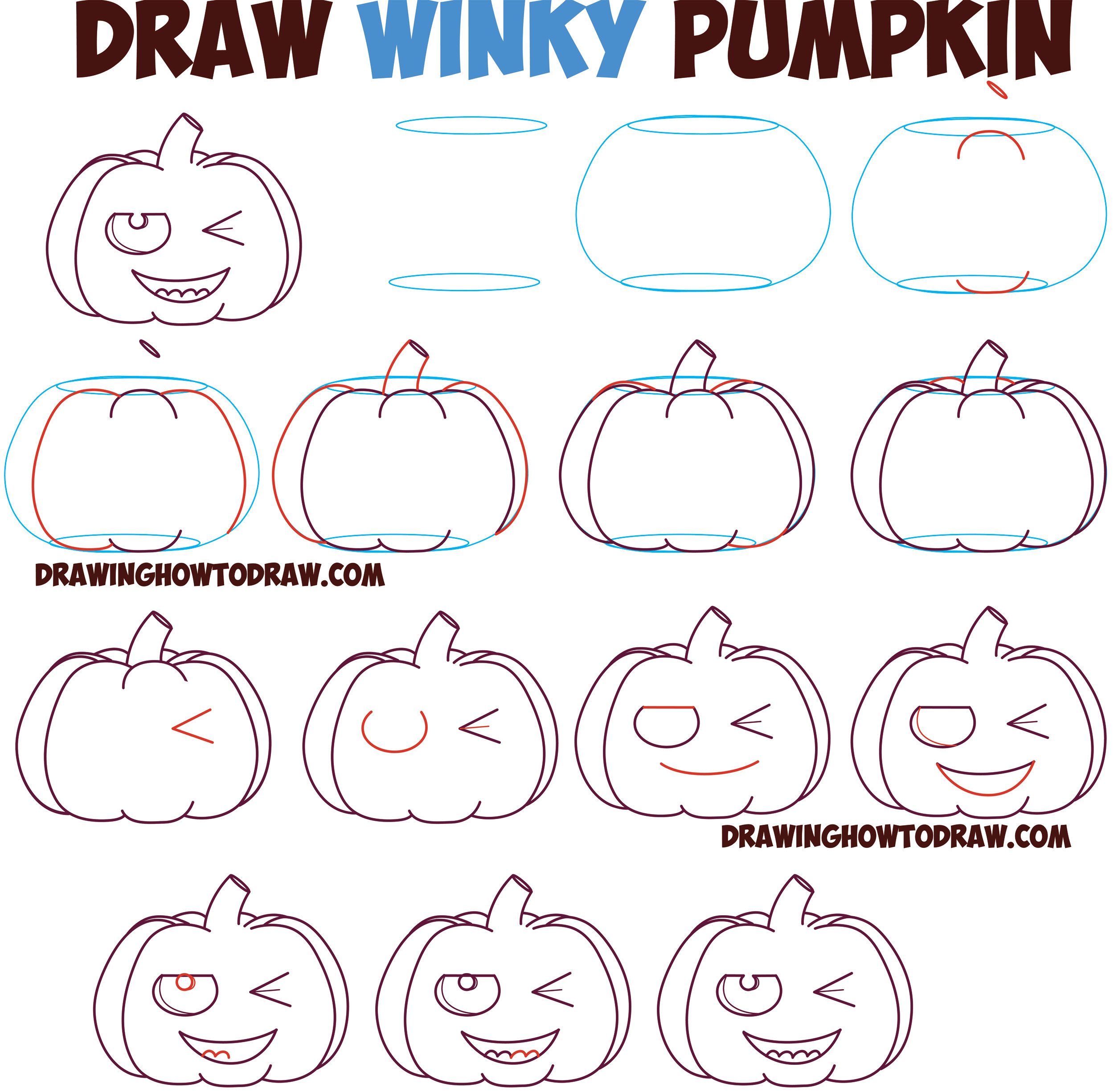 how to draw cartoon pumpkin jack o lantern winking winky eye smiling