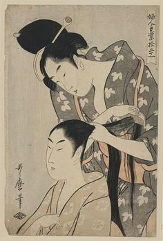 summary print shows a woman combing the hair of another woman vefifan a japanese drawings