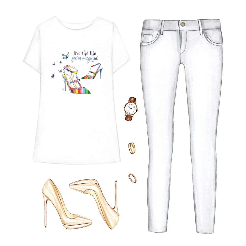 Jeans Drawing Tumblr Printed T Shirt White Jeans Nude Heels Fashion Cartoon Styl