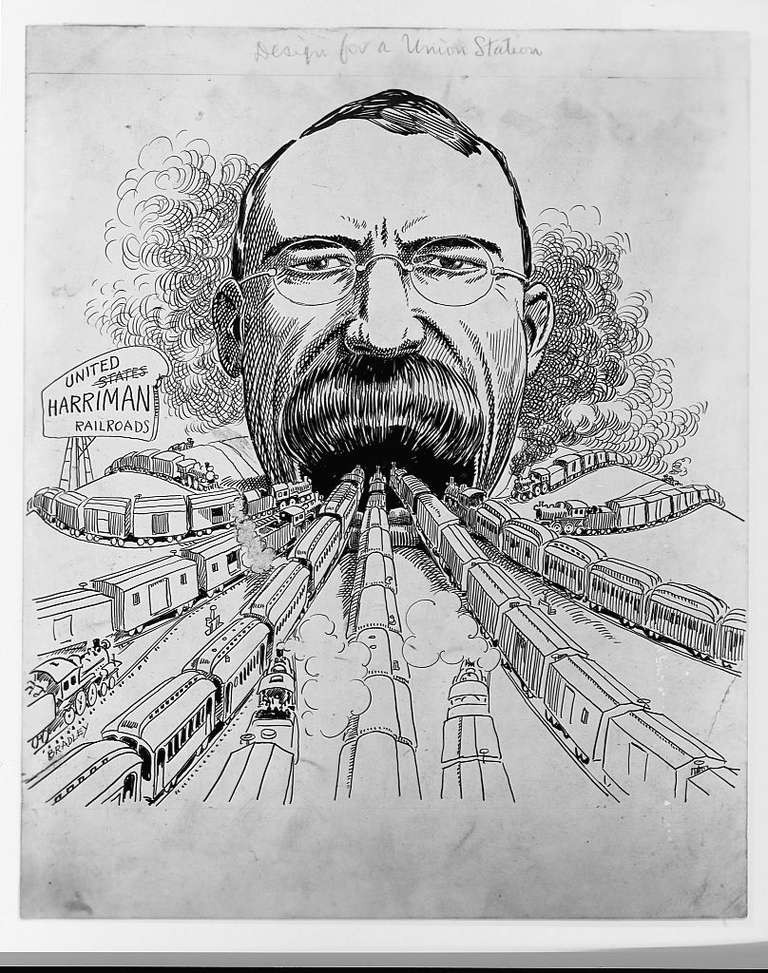 political cartoon of a robber baron edward h harriman with the railroads of