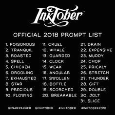inktober on instagram the official 2018 inktober prompt list pass this along would ya inktober inktober2018 inking drawing ink