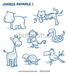 cute cartoon jungle safari animals hippo tiger giraffe monkey snake tortoise bird toucan hand drawn doodle vector illustration