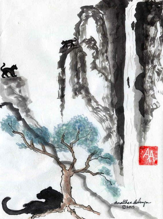 jaguar jungle original sumi e or chinese brush painting by aelwyn studios this