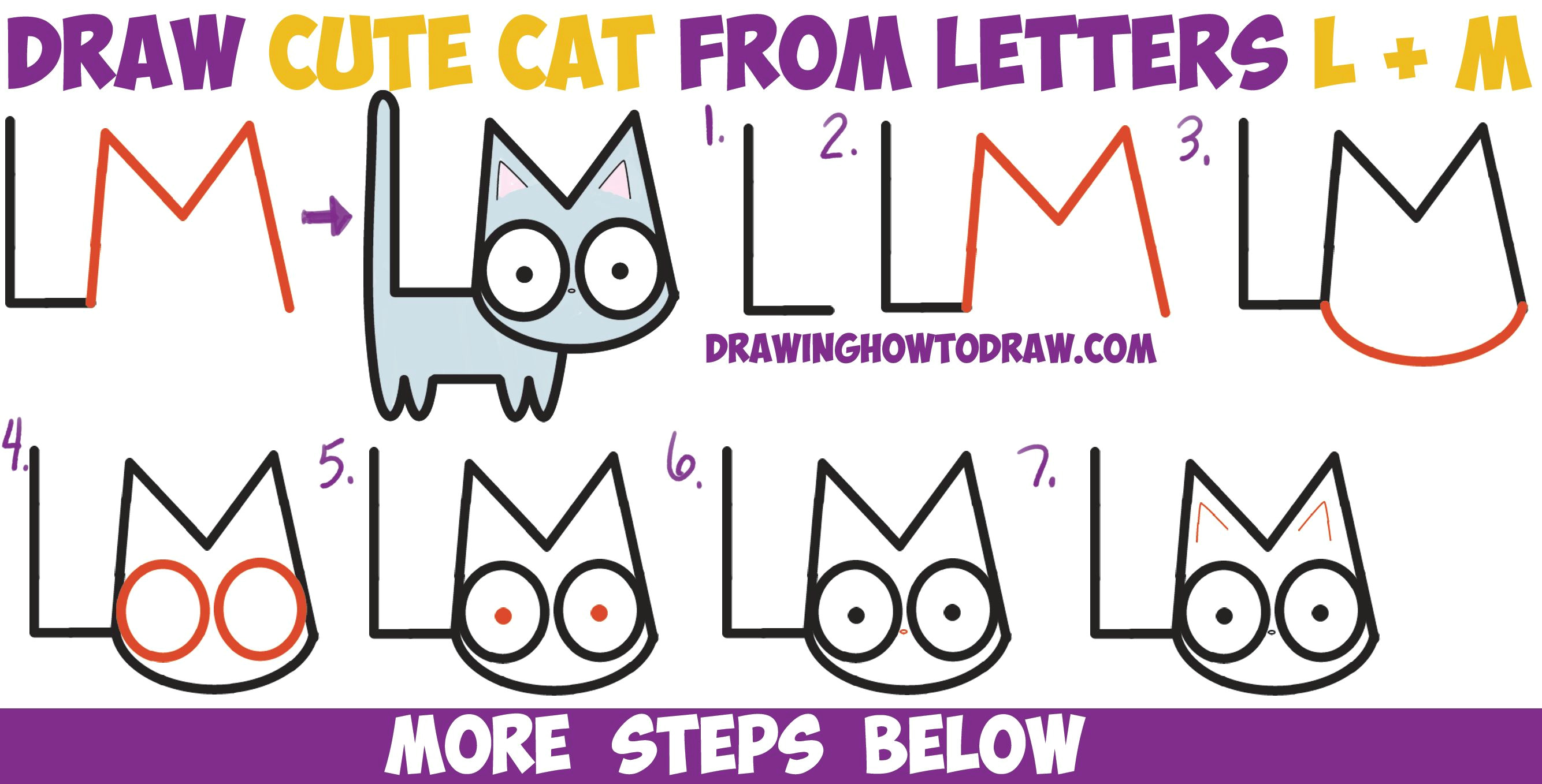how to draw a cute cartoon kitten from letters l m easy step by step drawing tutorial for kids