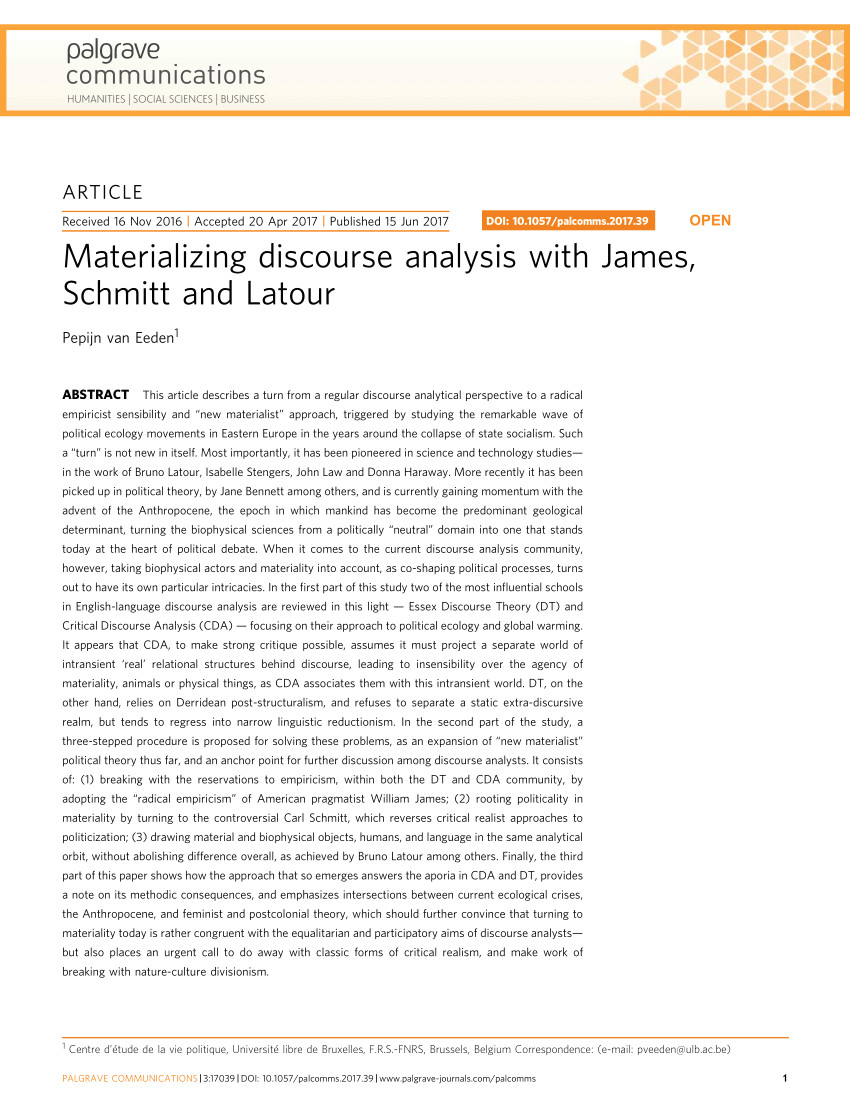 pdf materializing discourse analysis with james schmitt and latour