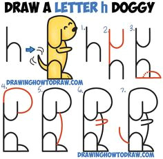 how to draw a cartoon dog begging from 2 letter h shapes easy step by step drawing tutorial for kids