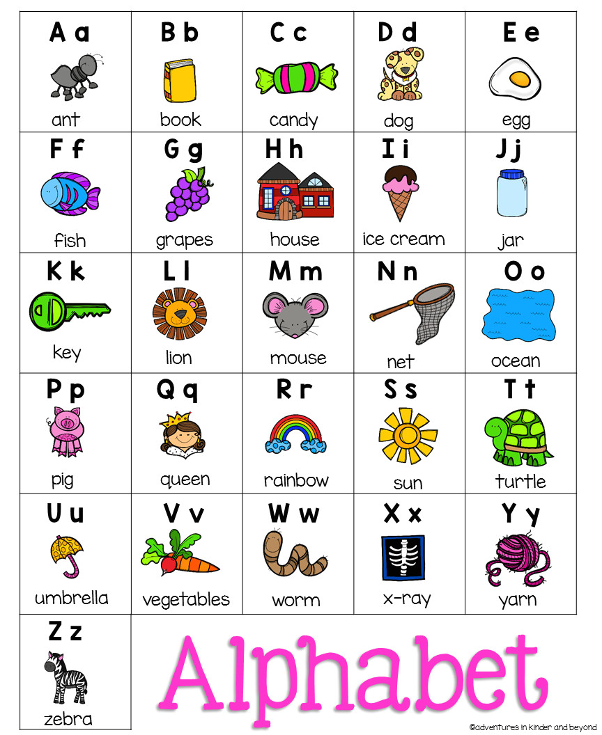 alphabet chart free this chart displays each letter of the alphabet with a brightly colored corresponding picture beginning with that letter