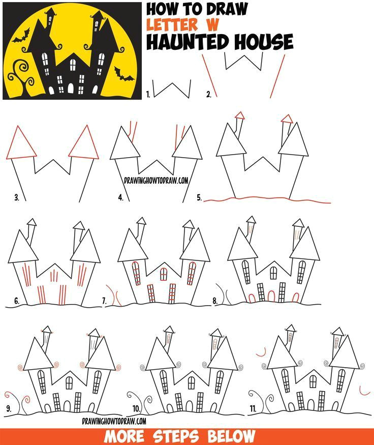 how to draw a cartoon haunted house step by step in silhouette with bats from