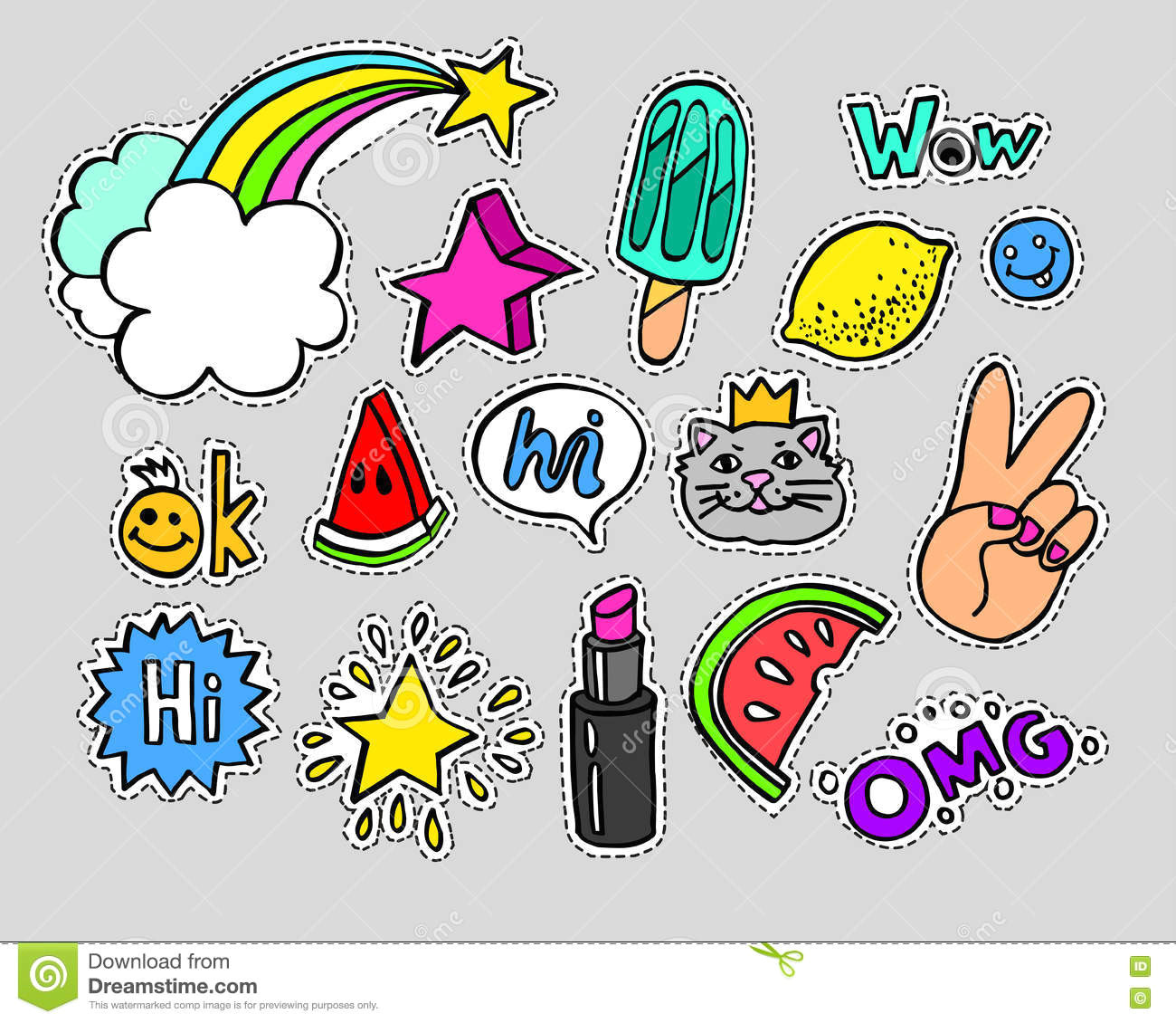 fashion modern doodle cartoon patch badges or stikers with speach bubbles stars heart lips and other elements set of cartoon pins in 80s 90s pop art
