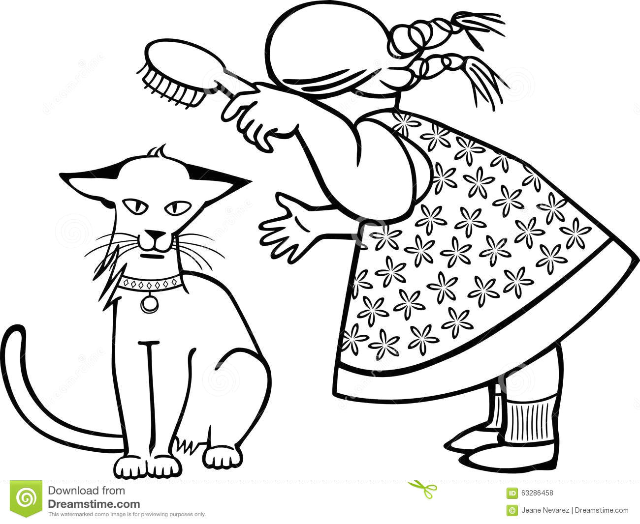 line drawing of a young girl brushing a cat sitting down