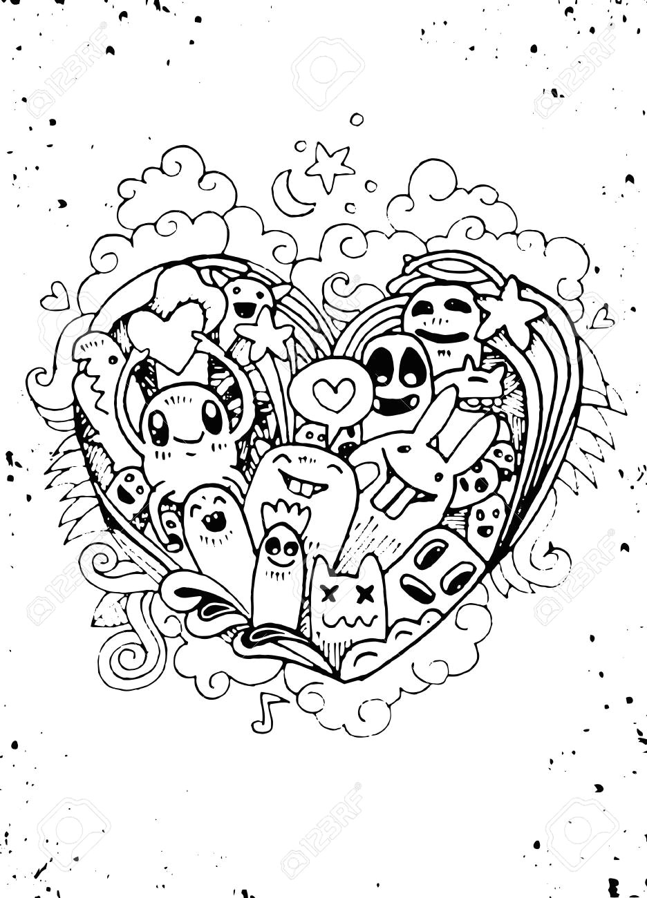 doodle heart shape and doodles monsters sketch vector illustration hipster doodle monster love