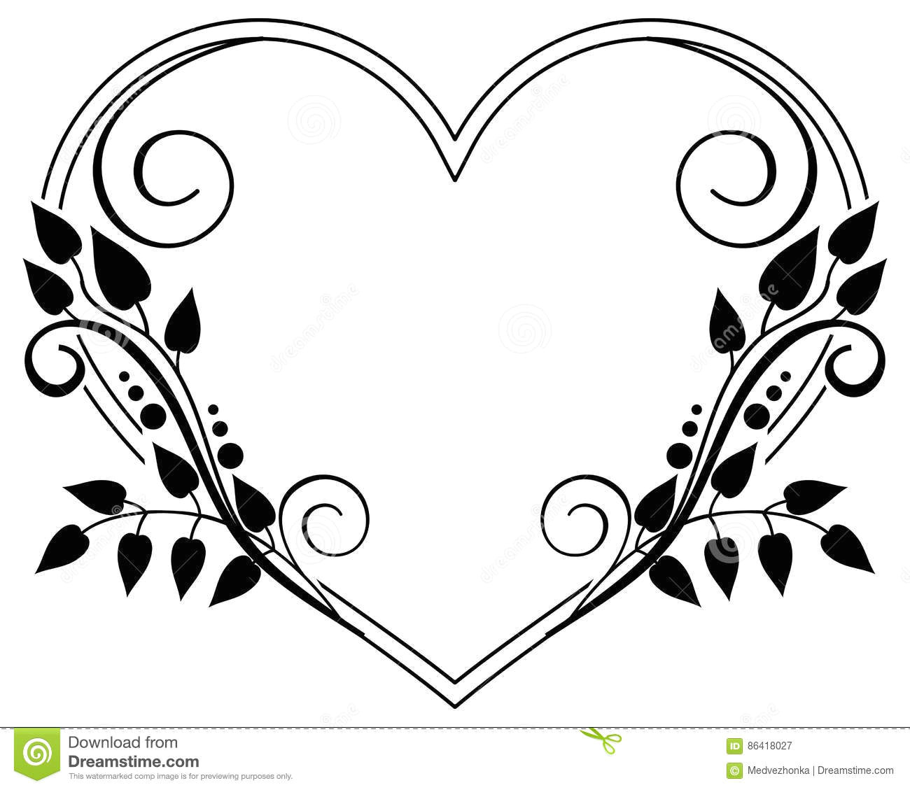heart shaped black and white frame with floral silhouettes copy space raster clip art