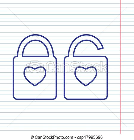 lock sign with heart shape a simple silhouette of the lock shape of a heart vector navy line icon on notebook paper as background with red line for