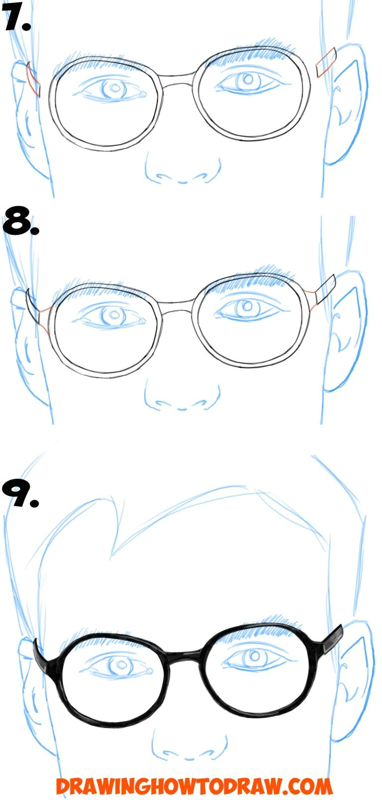 how to draw glasses on a face from the front view in simple steps lesson for kids and beginners