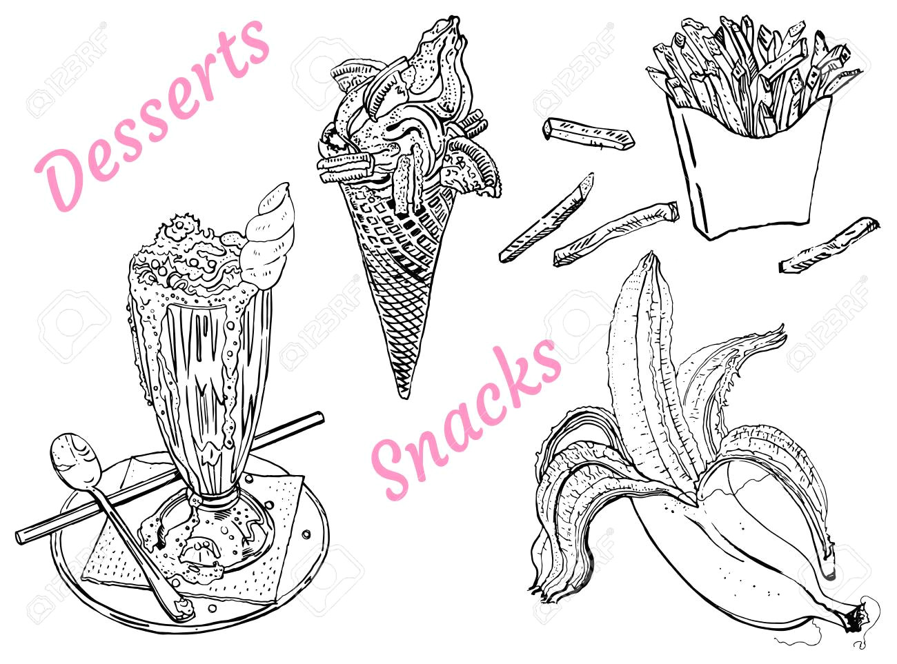 snacks and desserts milk shake ice cream banana french fries line