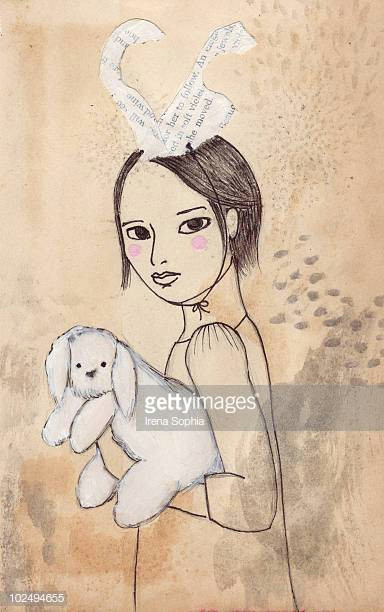 an ink drawing of a young girl holding a bunny and wearin rabbit ears