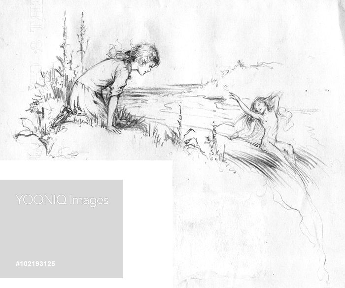 n is for nixie girl looking at sprite in stream pencil sketch from the book an alphabet of magic margaret tarrant