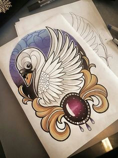 neo traditional tattoo drawing swan