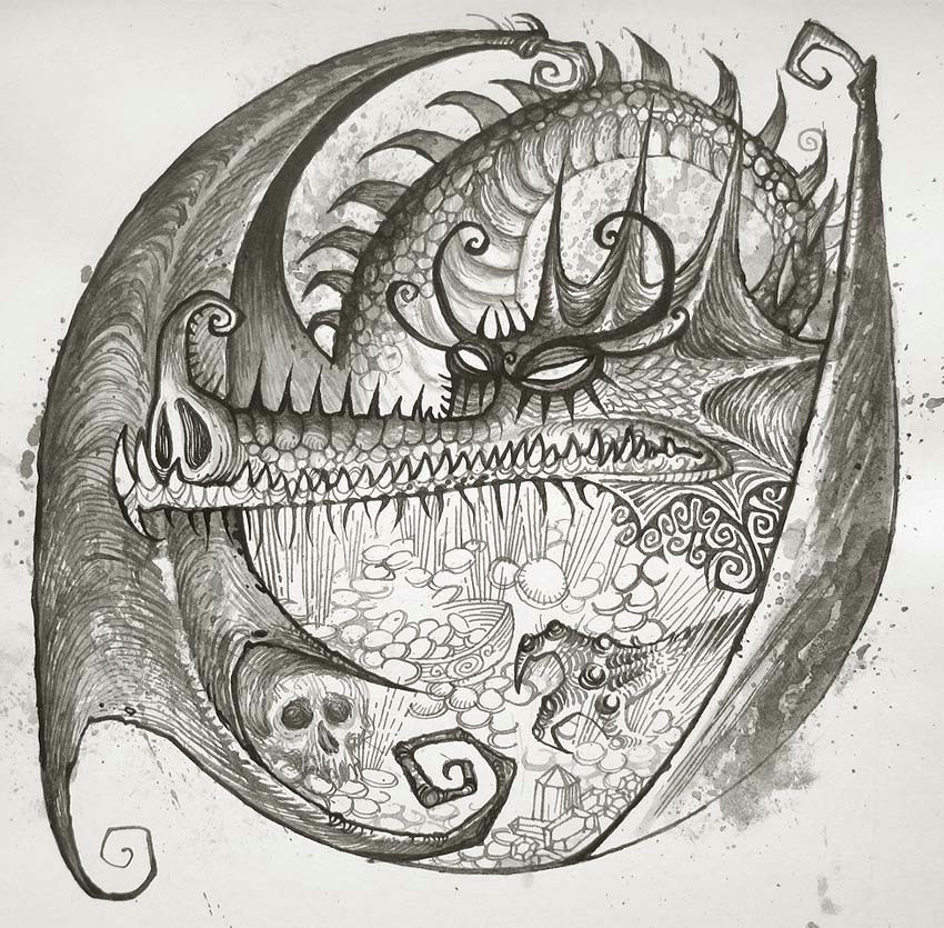 dragon smaug watered ink and pen 2008