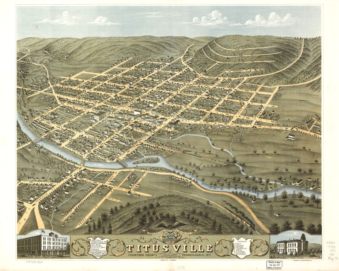 8 x 12 reproduced photo of vintage old perspective birds eye view map or drawing of titusville crawford county pennsylvania 1871