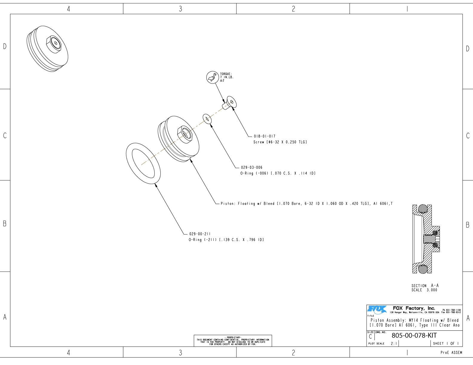 805 00 078 kit piston assembly my14 floating w bleed 1 070 bore al 6061 type iii clear ano