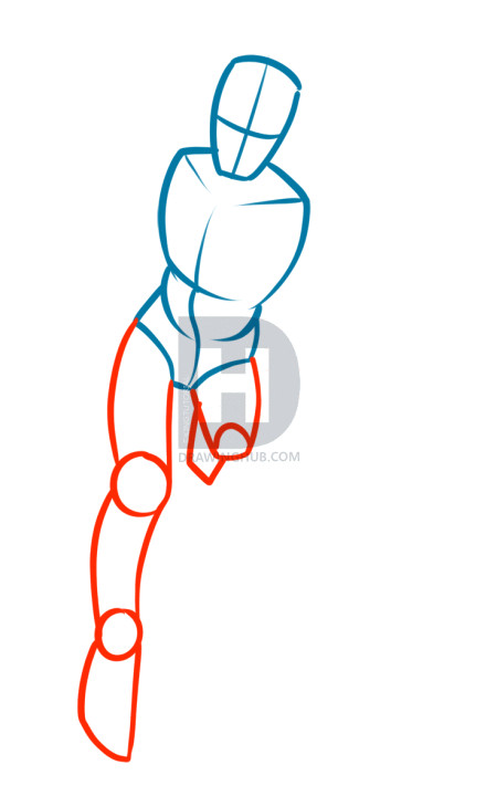 description draw a series of curved tubes for the extended leg draw circles for the knee and ankle then add the foot the rear leg is angled away from us