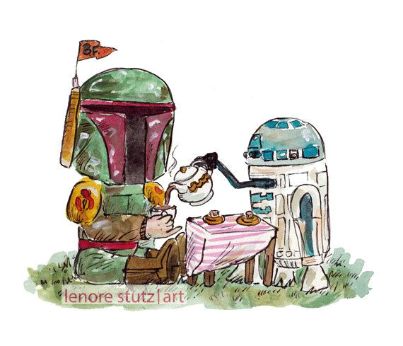 cute boba fett and r2 d2 at tea original watercolor print limited edition star wars on etsy 15 00