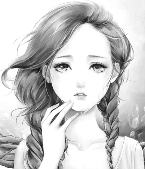 anime art beautiful black and white cry draw girl sad tears