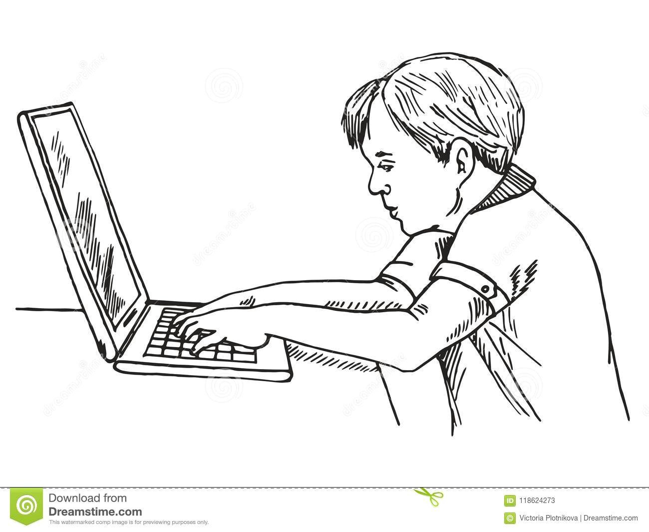 boy working with laptop hand drawn doodle sketch in simple line pop art style vector