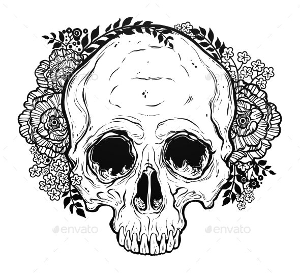 human skull hand drawn in line style with beautiful flowers around the head day of