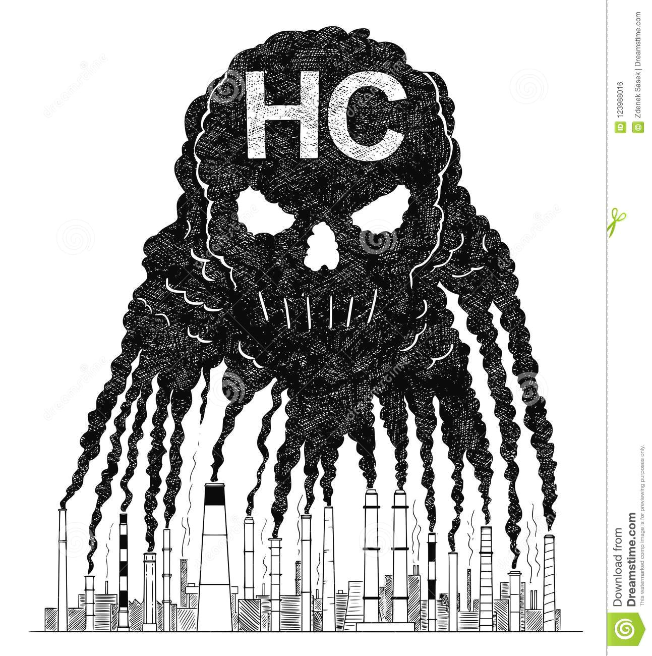 vector artistic drawing illustration of smoke from smokestacks creating human skull concept of hc air
