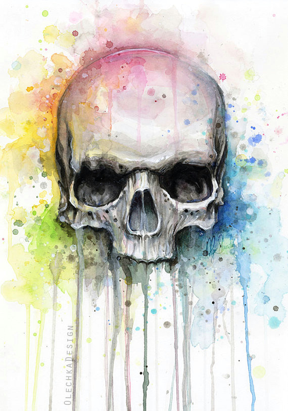 skull watercolor print rainbow skull wall art skull decor colorful skull art drips and splatters mac