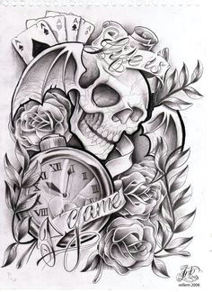 a large temporary tattoo of winged skull playing cards a clock roses and a banner with the text life is a game