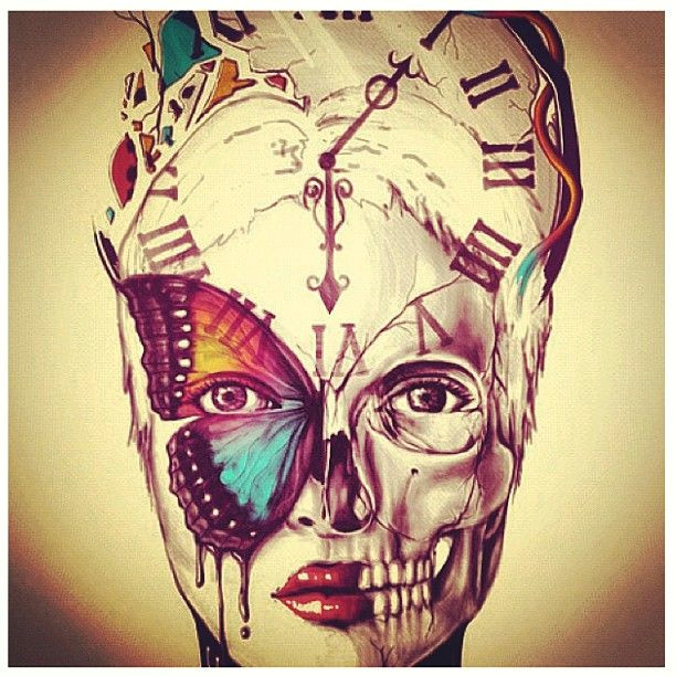 i really love the artists combination of nature with the human figure skull and the depiction of a clock