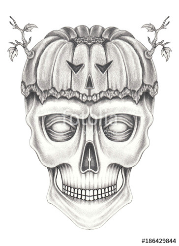 art surreal pumpkin mix skull hand pencil drawing on paper