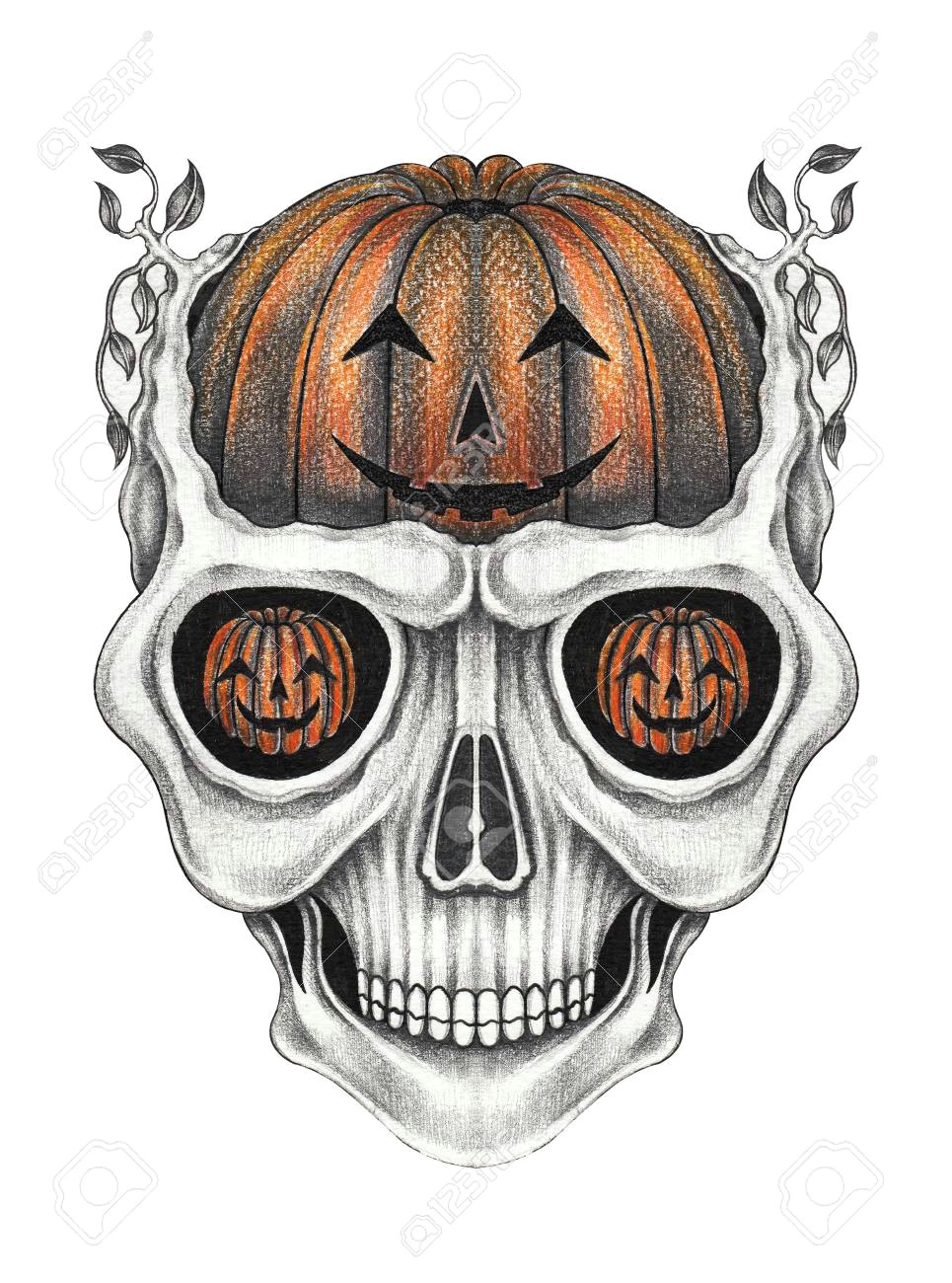 art surreal pumpkin mix skull hand pencil drawing on paper stock photo 93654280