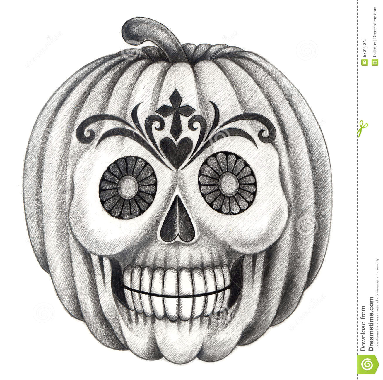 art design skull pumpkin smiley face for halloween day hand pencil drawing on paper