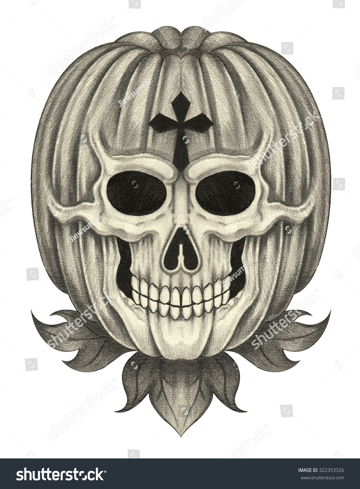 skull pumpkin halloween day hand pencil drawing on paper