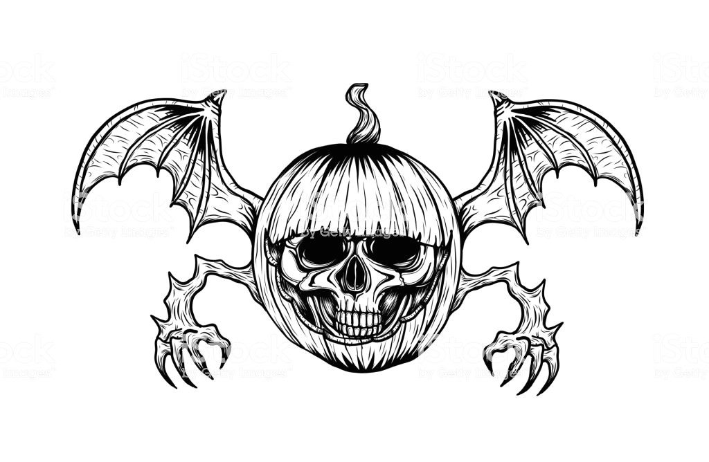 skull with halloween pumpkin tattoo by hand drawing royalty free skull with halloween pumpkin