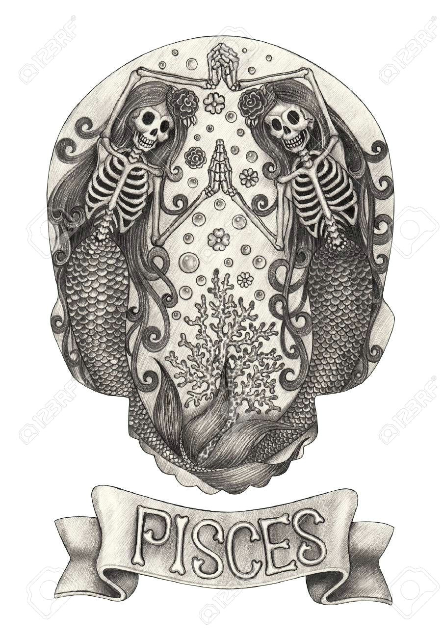 zodiac skull pisces hand drawing on paper mermaid logo