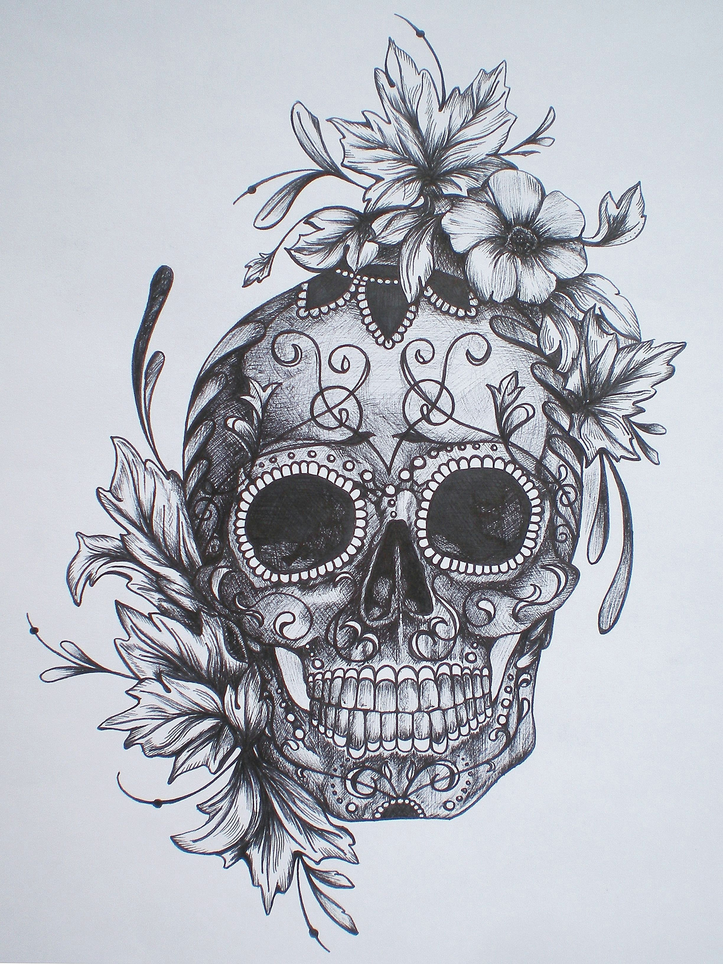 beautiful tattoo sketch sugar skull flowers lines