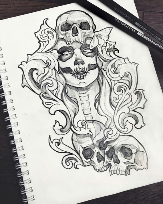muertos skull tattoo design ravens grunge roses boho fantasy gothic occult sketch original art a5 1