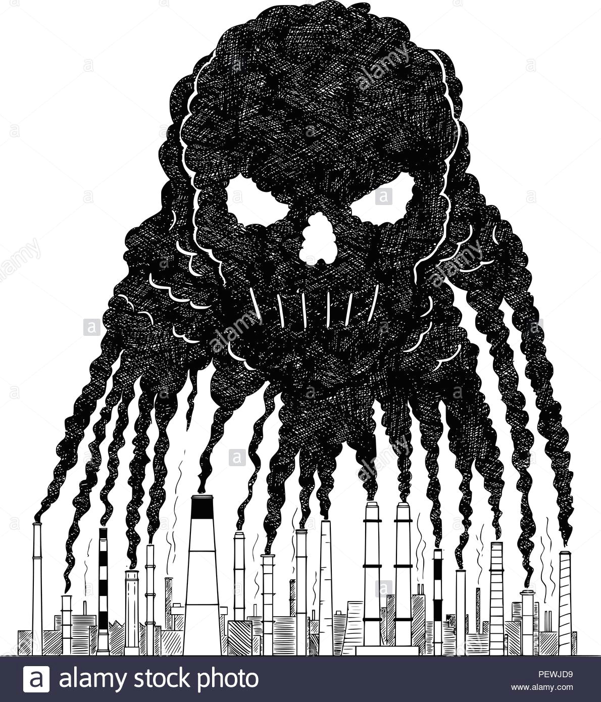 vector artistic drawing illustration of smoke from smokestacks creating human skull concept of toxic air pollution