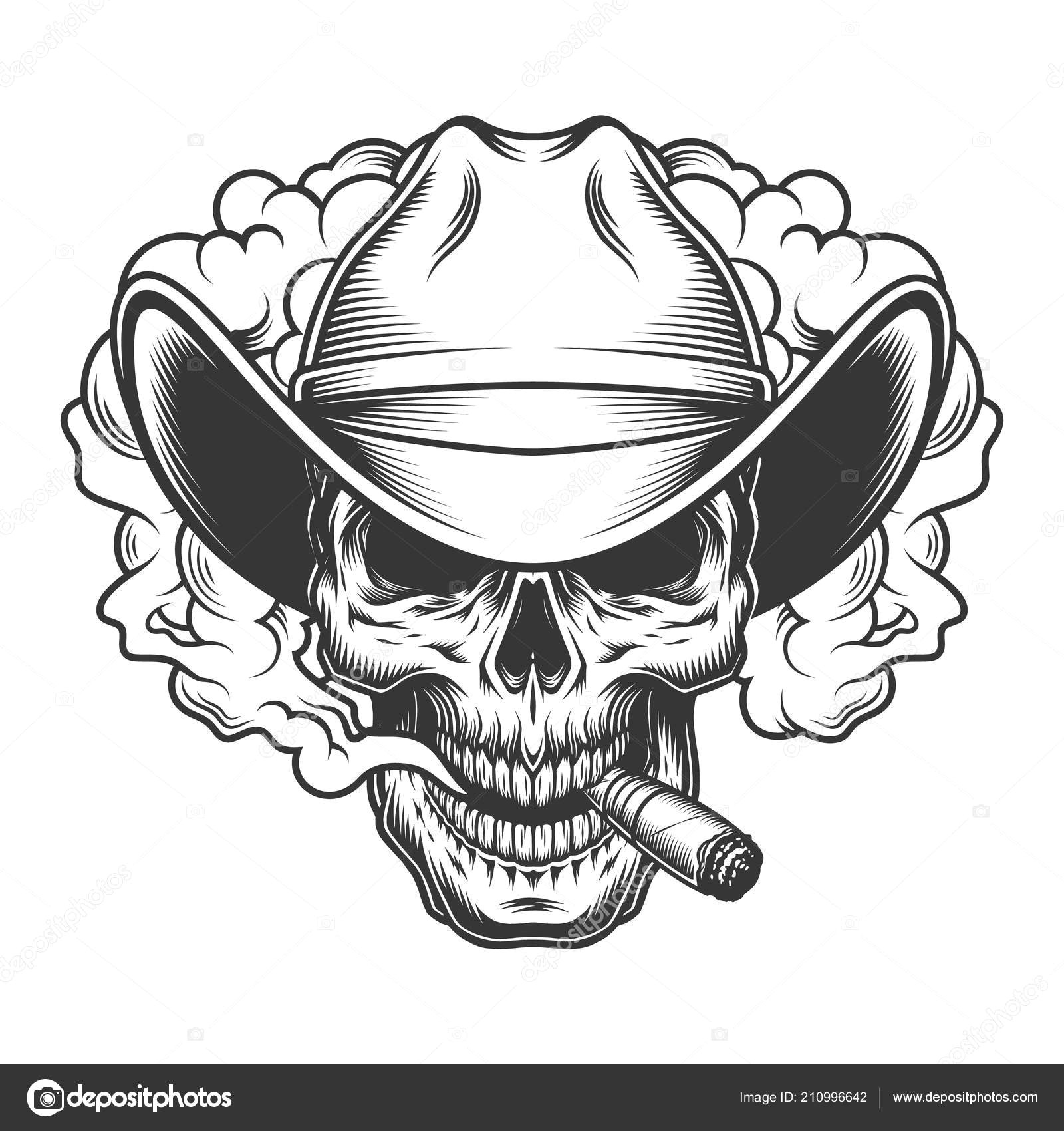 skull in smoke cloud and cowboy hat vector illustration vektor od imogi