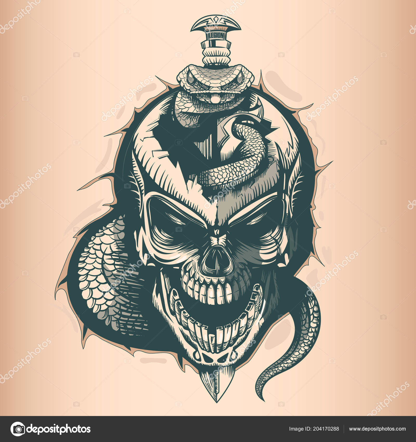 vintage skull with sword and snake monochrome hand drawn tatoo style vektor od balanslava