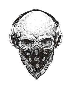 dotwork styled skull with headphones and bandana vector art skull headphones headphones tattoo